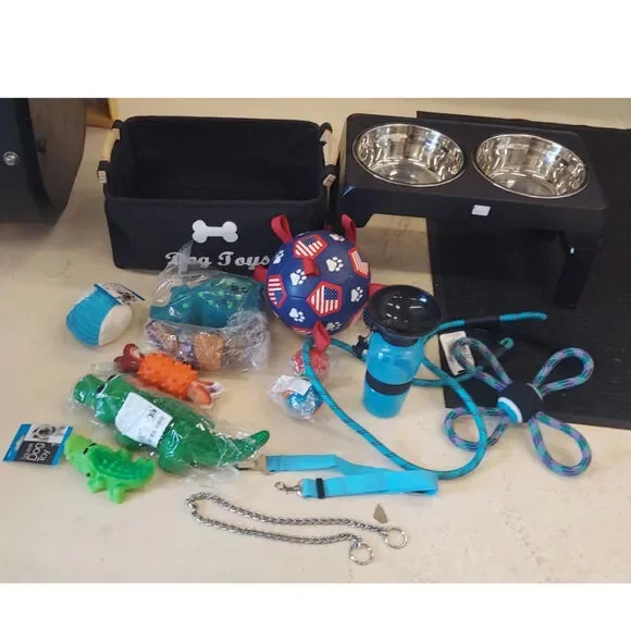 Dog accessories & toys lot / big dog leash collars chew toys bowls & more bundle Pets